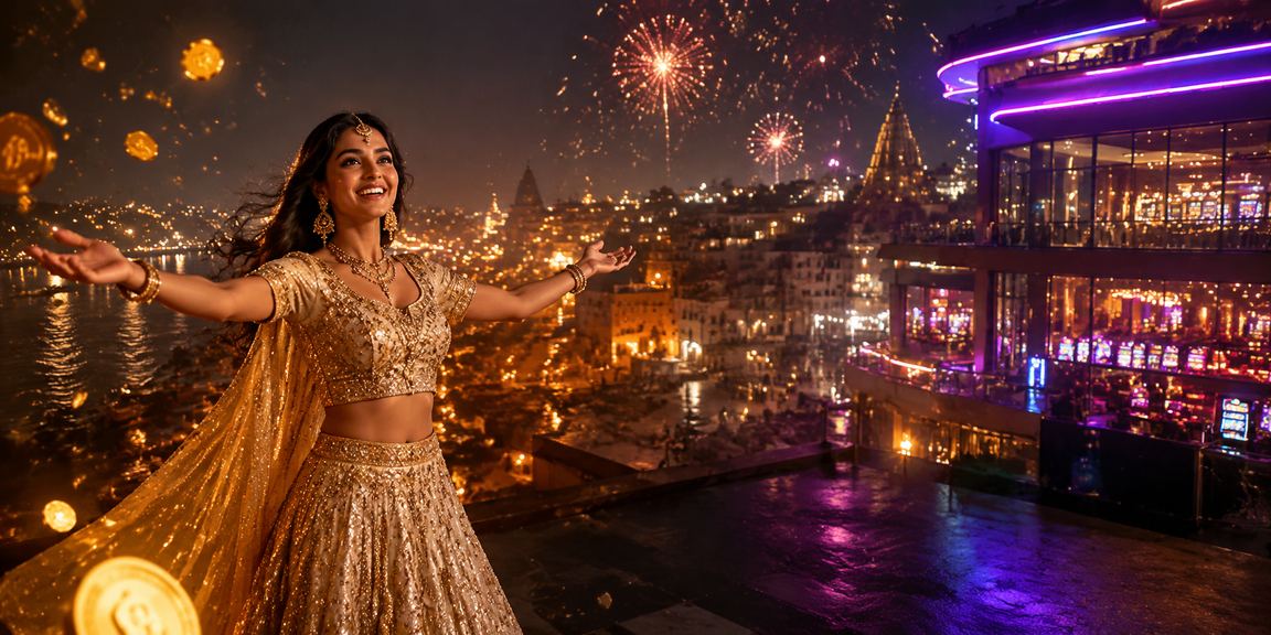 Colorful night entertainment scene with casino vibes at Varanasi Ghat